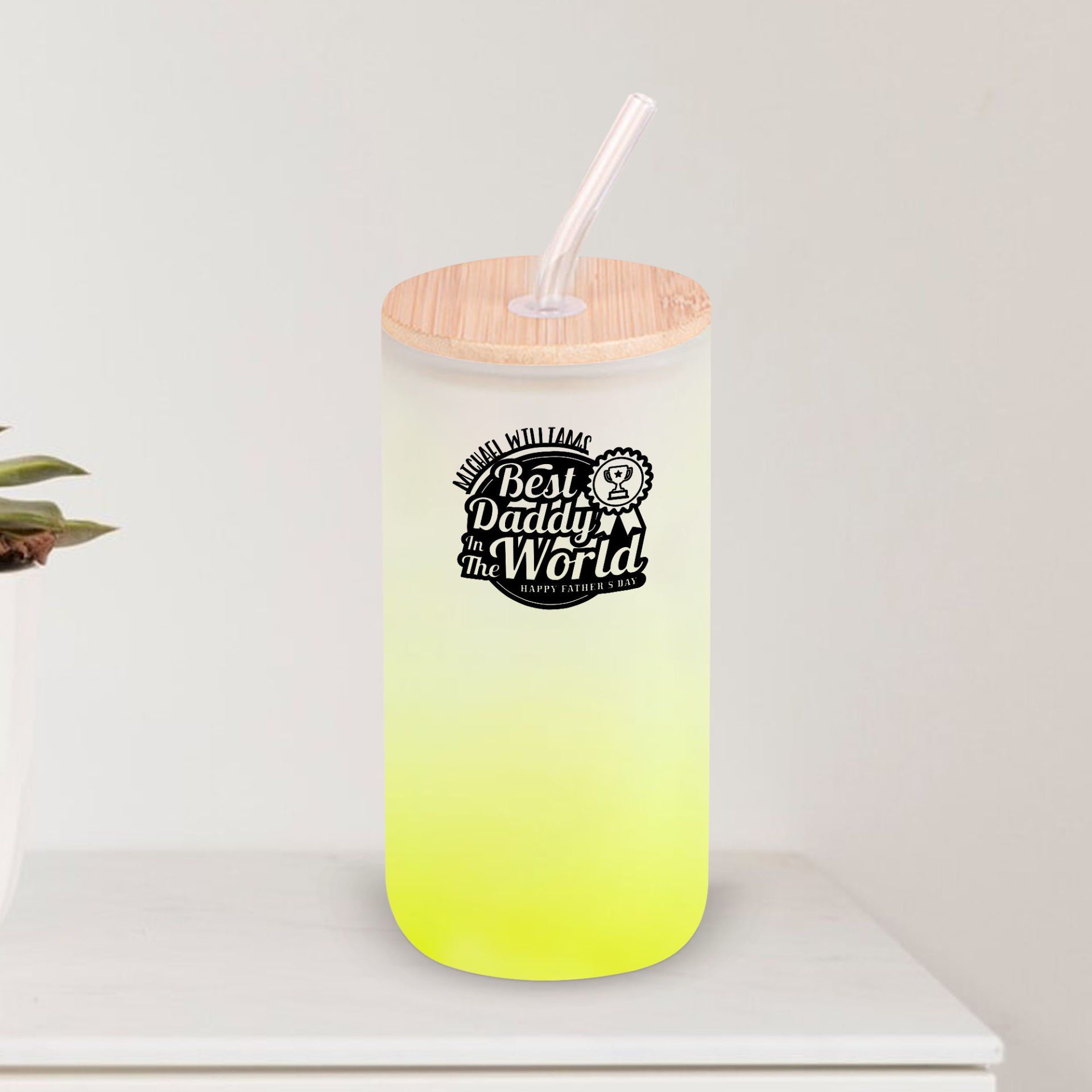 BK Gift İsimli Dad Tasarımlı Sarı Renk Pipetli Buzlu Cam Bardak 600ml - 3, Babaya Hediye, Doğum Günü Hediyesi