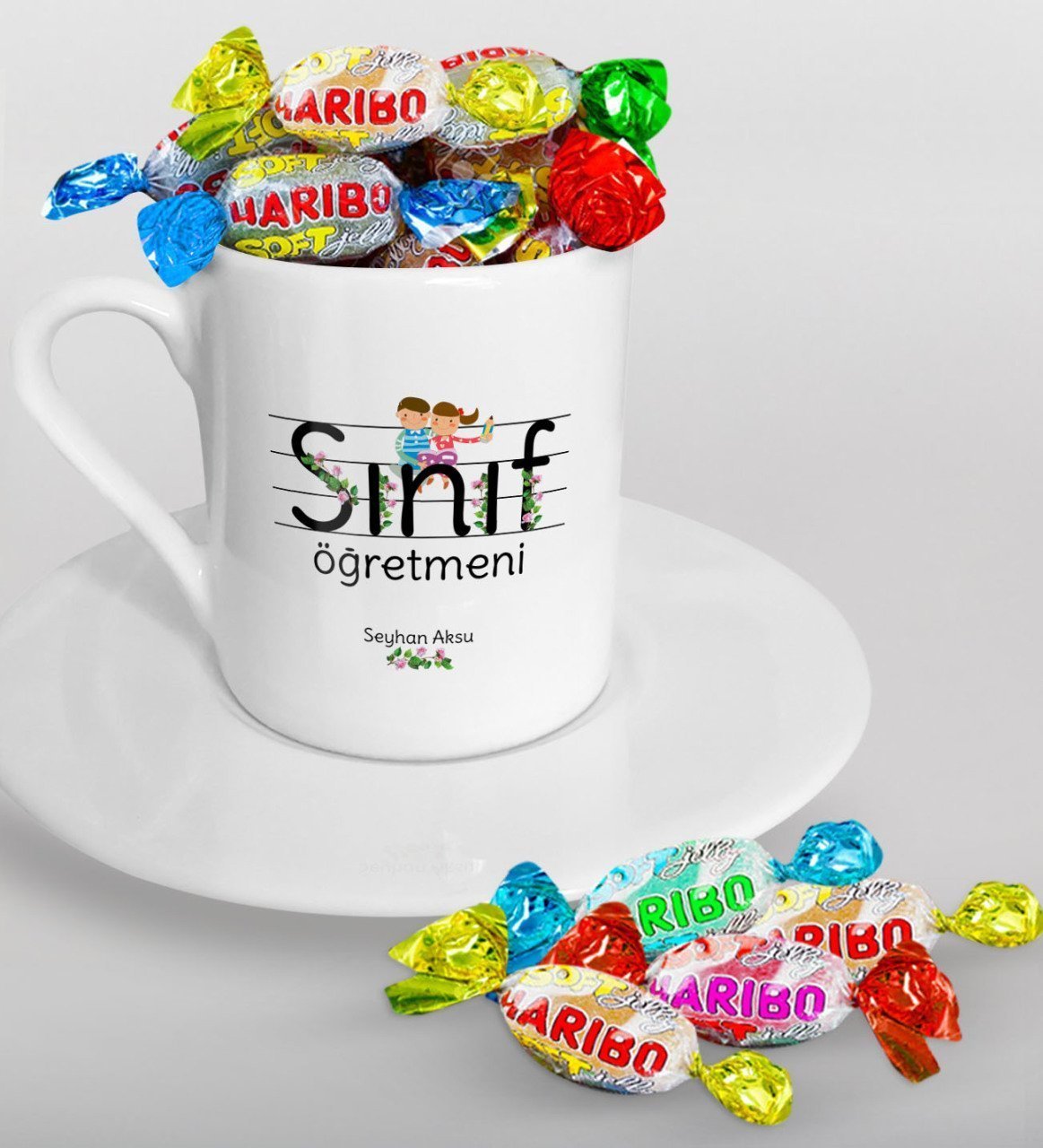 Kişiye Özel Sınıf Öğretmeni Türk Kahvesi Fincanı ve Haribo Şeker Hediye Seti-17