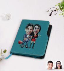Kişiye Özel Sevgililer Karikatürlü Turkuaz Termo Deri Defter-1