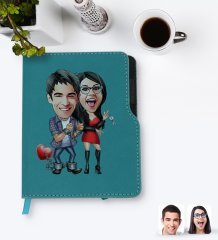 Kişiye Özel Sevgililer Karikatürlü Turkuaz Termo Deri Defter-1