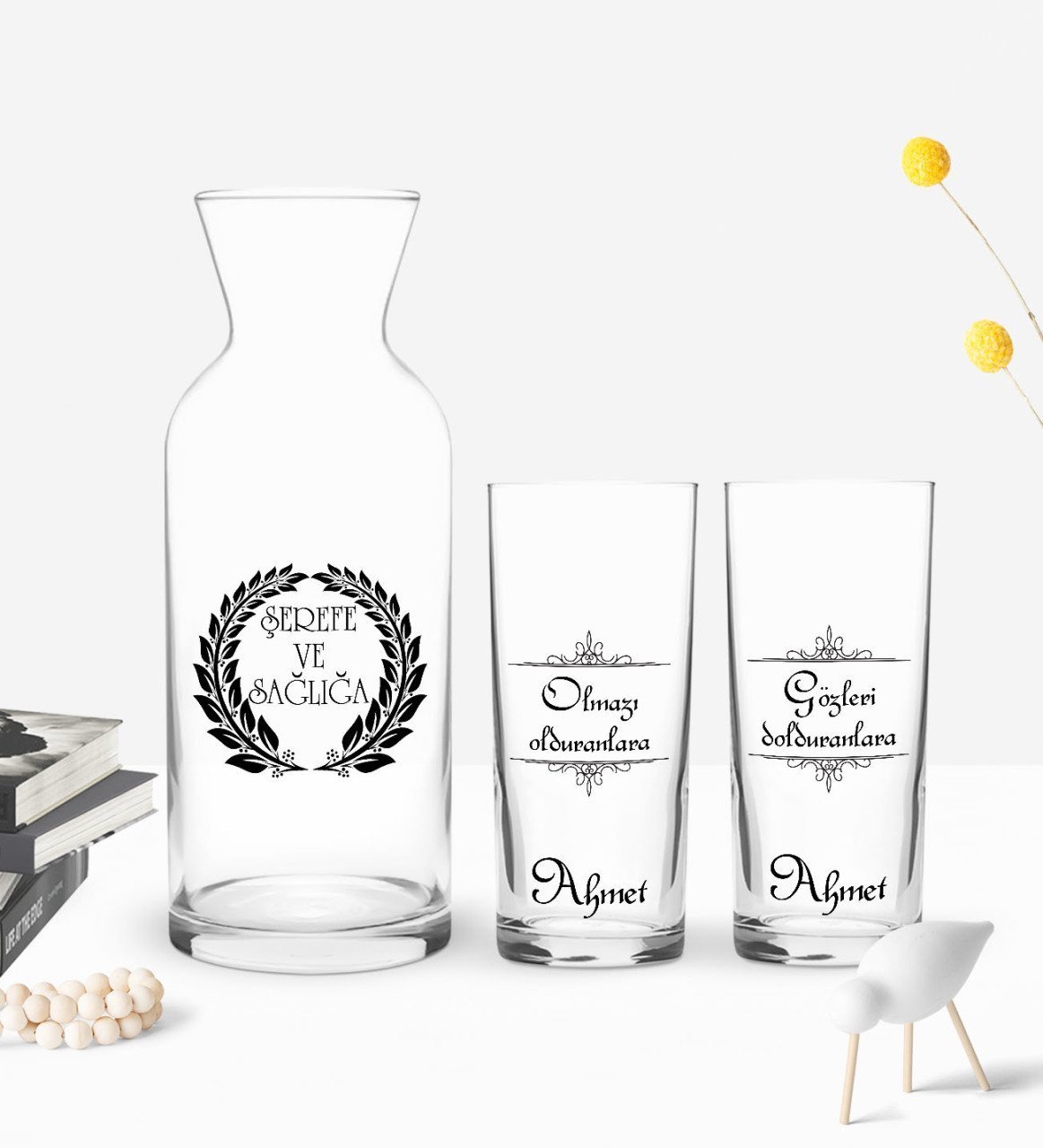 Kişiye Özel Renkli Baskılı Olmazı Olduranlara Tasarımlı İkili Rakı Bardağı ve Karaf Hediye Seti-1