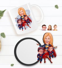 Kişiye Özel Süper Anne Süper Çocuklar Karikatürlü Beyaz Kupa ve Ahşap Bardak Altlığı Hediye Seti-1