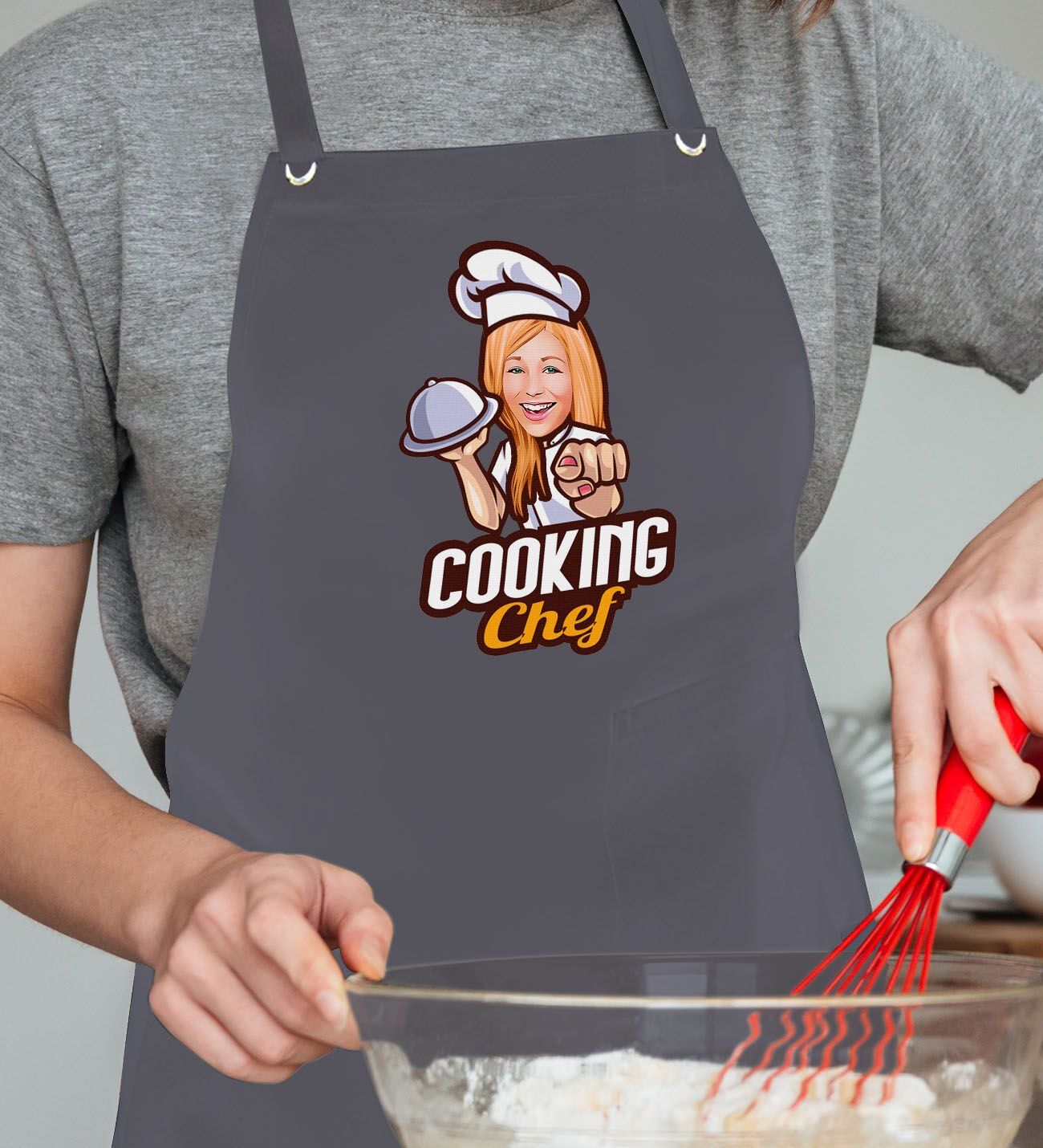 BK Gift Kişiye Özel Kadın Chef Karikatürlü Profesyonel Antrasit Mutfak Önlüğü, Aşçı Önlüğü, Şef Önlüğü, Arkadaşa Hediye-9