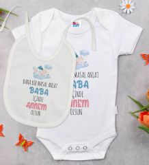 BK Kids Masal Anlat Baba Tasarımlı Beyaz Bebek Body Zıbın ve Mama Önlüğü Hediye Seti-1