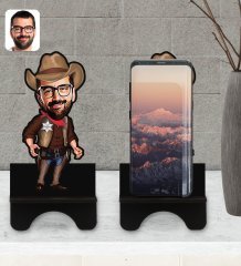 Kişiye Özel Kovboy Karikatürlü Ahşap Biblo Telefon Standı-1