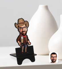 Kişiye Özel Kovboy Karikatürlü Ahşap Biblo Telefon Standı-1