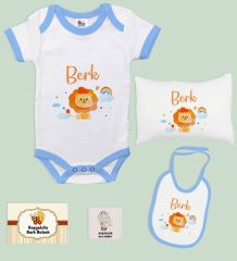 BK Kids Kişiye Özel İsimli 5 Parça Mavi Bebek Body Zıbın Yastık Hediye Seti, Yeni Doğan Bebek Giyim Hediyesi-4
