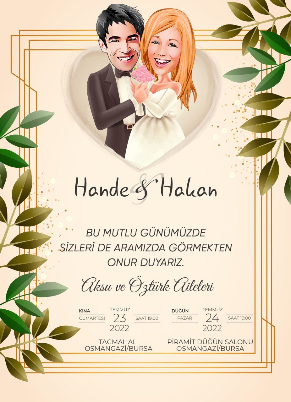 Kişiye Özel Karikatürlü Bitmeyen Düğün Davetiyesi Model 90