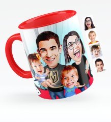 Kişiye Özel Aile Karikatürlü Kırmızı Kupa Bardak - 3