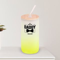 BK Gift İsimli Dad Tasarımlı Sarı Renk Pipetli Buzlu Cam Bardak 600ml - 2, Babaya Hediye, Doğum Günü Hediyesi