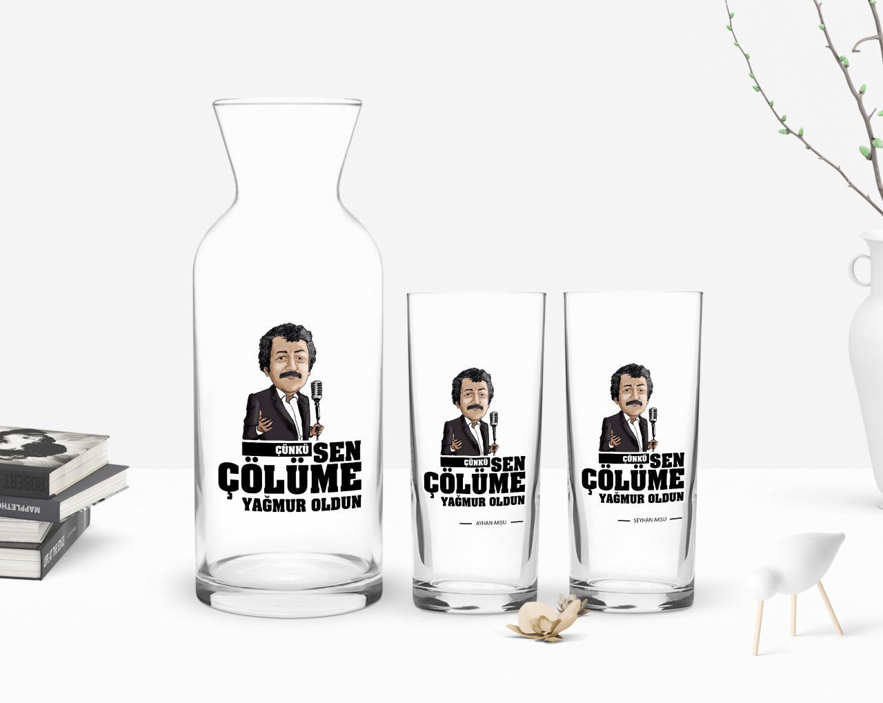 Kişiye Özel Renkli Baskılı Çünkü Sen Çölüme Yağmur Oldun Tasarımlı İkili Rakı Bardağı ve Karaf Hediye Seti-7