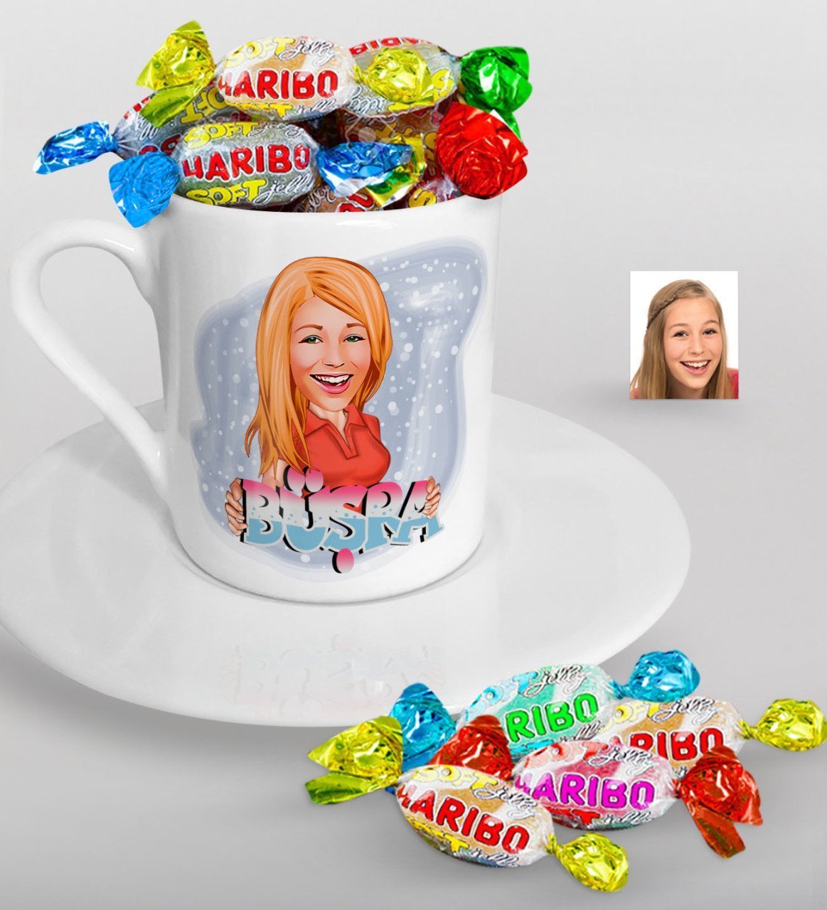 Kişiye Özel Bayan İsimli Karikatürlü Türk Kahvesi Fincanı ve Haribo Şeker Hediye Seti-1