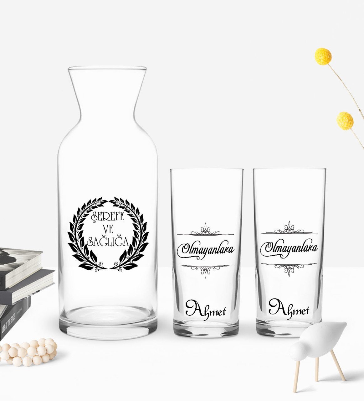 Kişiye Özel Renkli Baskılı Olmayanlara Tasarımlı İkili Rakı Bardağı ve Karaf Hediye Seti-1