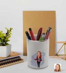 BK Gift Kişiye Özel Kadın Öğretmen Karikatürlü Beyaz Akrilik Kalemlik - Model 3