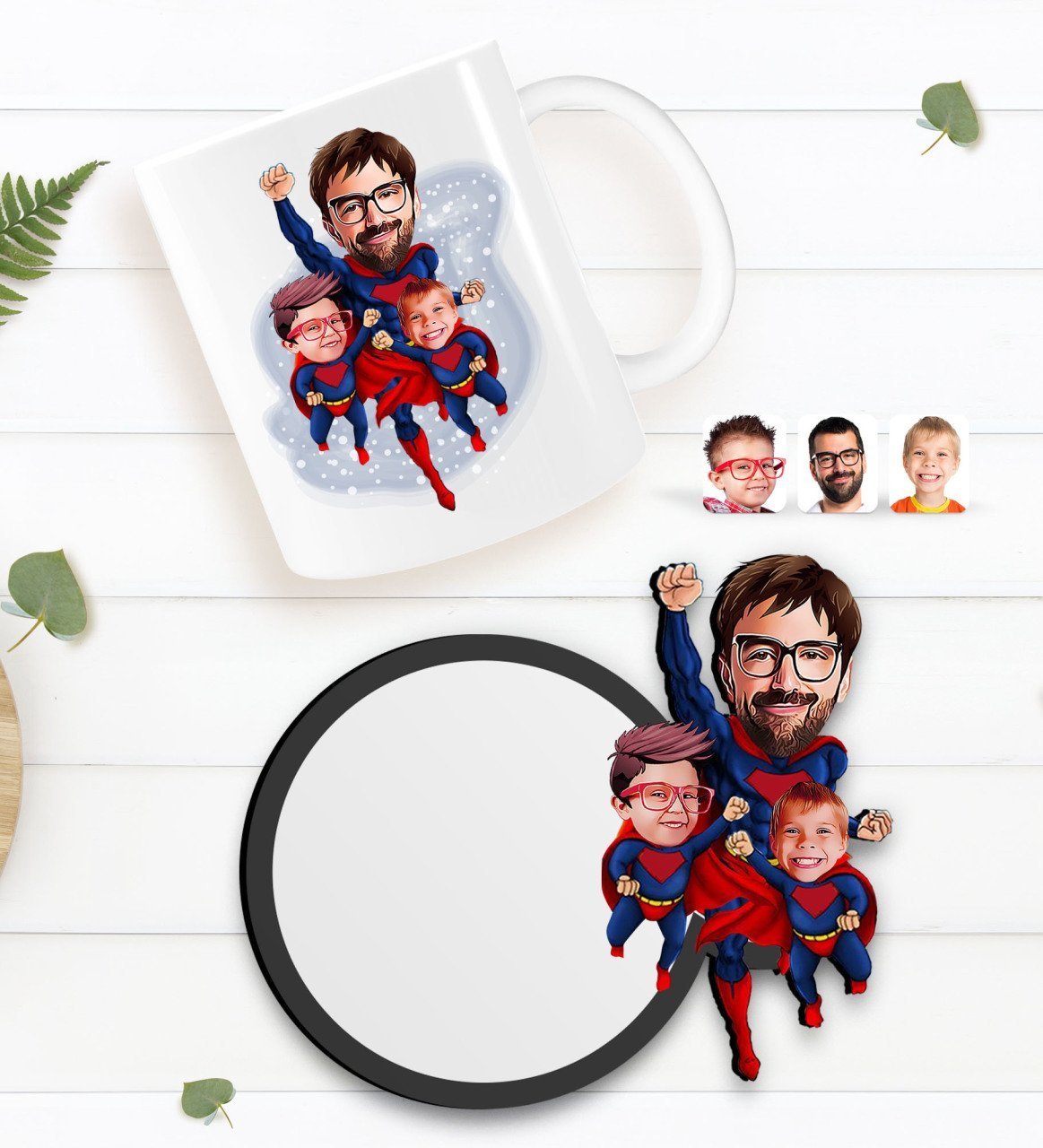 Kişiye Özel Süper Baba Süper Çocuklar Karikatürlü Beyaz Kupa ve Ahşap Bardak Altlığı Hediye Seti-1