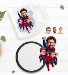 Kişiye Özel Süper Baba Süper Çocuklar Karikatürlü Beyaz Kupa ve Ahşap Bardak Altlığı Hediye Seti-1