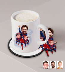 Kişiye Özel Süper Baba Süper Çocuklar Karikatürlü Beyaz Kupa ve Ahşap Bardak Altlığı Hediye Seti-1