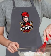 BK Gift Kişiye Özel Kadın Chef Karikatürlü Profesyonel Antrasit Mutfak Önlüğü, Aşçı Önlüğü, Şef Önlüğü, Arkadaşa Hediye-5
