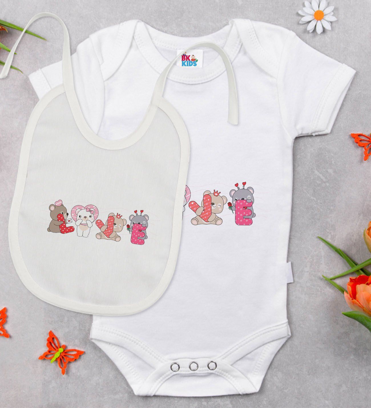 BK Kids Love Tasarımlı Beyaz Bebek Body Zıbın ve Mama Önlüğü Hediye Seti-2