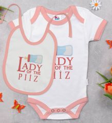 BK Kids Lady Of The Piiz Tasarımlı Pembe Bebek Body Zıbın ve Mama Önlüğü Hediye Seti-1