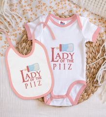 BK Kids Lady Of The Piiz Tasarımlı Pembe Bebek Body Zıbın ve Mama Önlüğü Hediye Seti-1