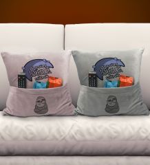 BK Gift Eğlenceli Tasarımlı 2'li Organizer Kumanda ve Atıştırmalık Cepli Pembe&Gri Kırlent Yastık- 1, Ev Dekoru, Ev Hediyesi