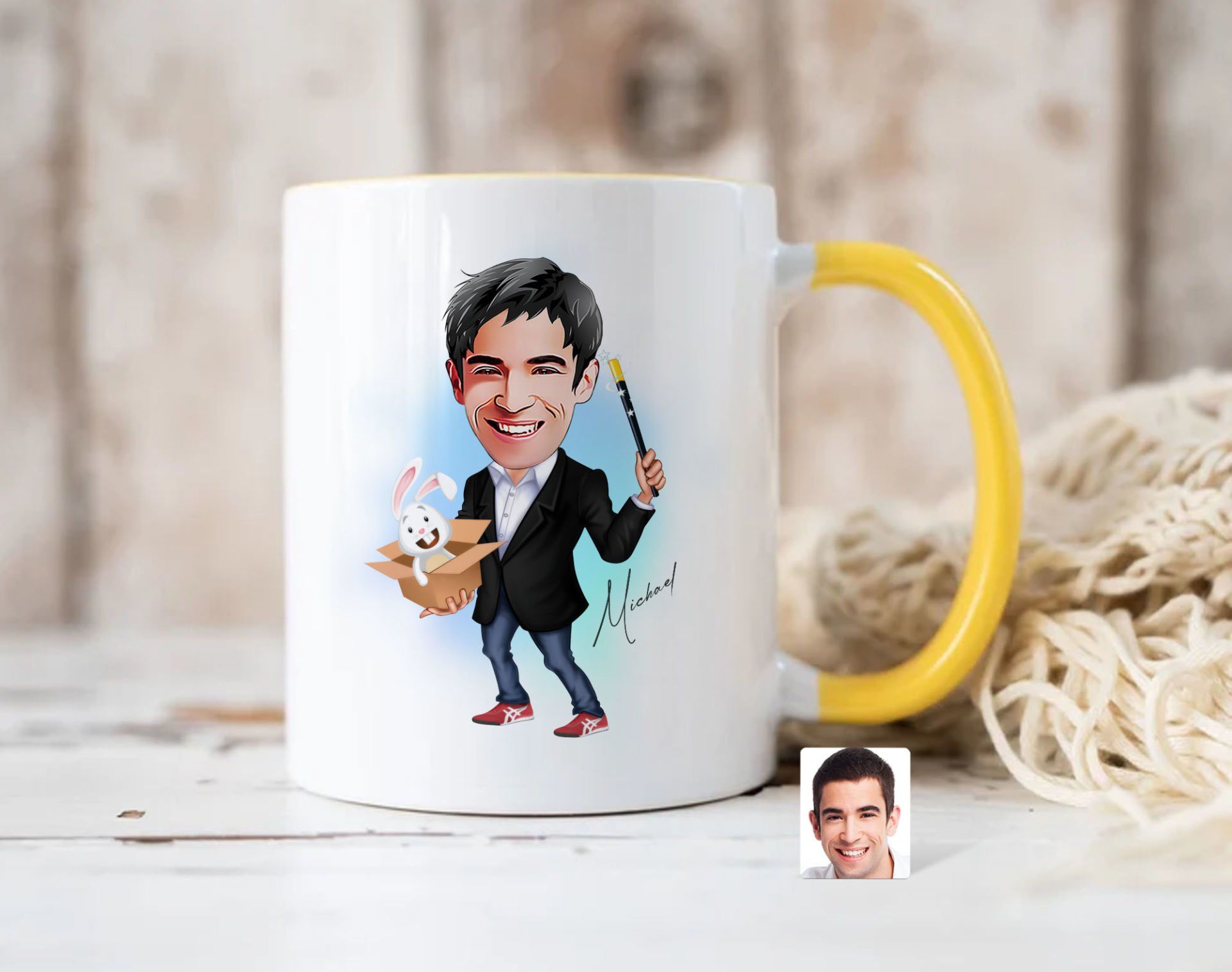 Bk Gift Kişiye Özel Sihirbaz Karikatürlü Sarı Kupa Bardak-1, Sevgiliye Hediye, Arkadaşa Hediye
