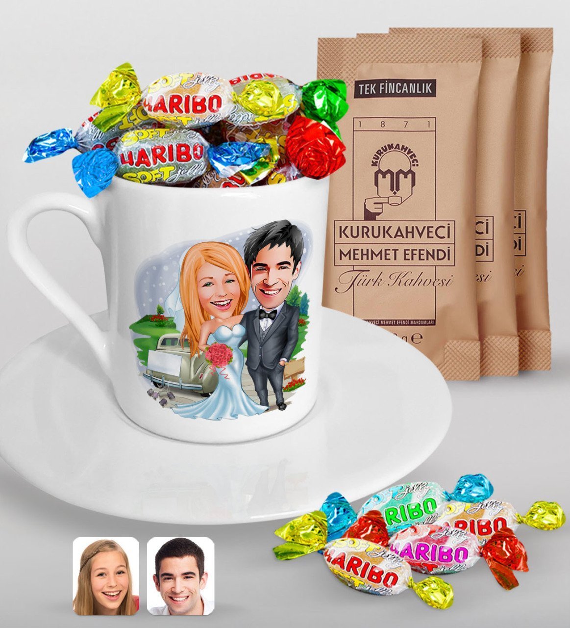 Kişiye Özel Sevgililer Günü Temalı Evleniyoruz Karikatürlü Türk Kahvesi Fincanı Mehmet Efendi Kahve ve Haribo Şeker Hediye Seti-1