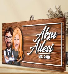 BK Gift Kişiye Özel Aile Karikatürlü Dekoratif Ahşap Tabela
