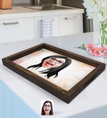 Kişiye Özel Kadın Yüz Karikatürlü Doğal Ahşap Tepsi-2