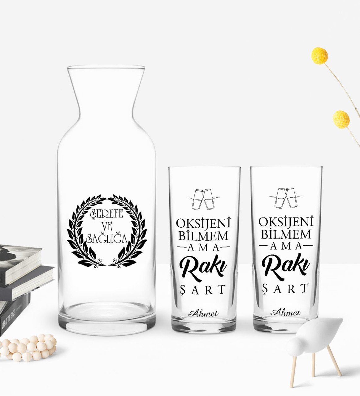 Kişiye Özel Renkli Baskılı Oksijeni Bilmem Tasarımlı İkili Rakı Bardağı ve Karaf Hediye Seti-1