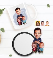 Kişiye Özel Baba Kız Oğul Karikatürlü Beyaz Kupa ve Ahşap Bardak Altlığı Hediye Seti-1