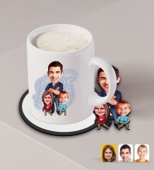 Kişiye Özel Baba Kız Oğul Karikatürlü Beyaz Kupa ve Ahşap Bardak Altlığı Hediye Seti-1