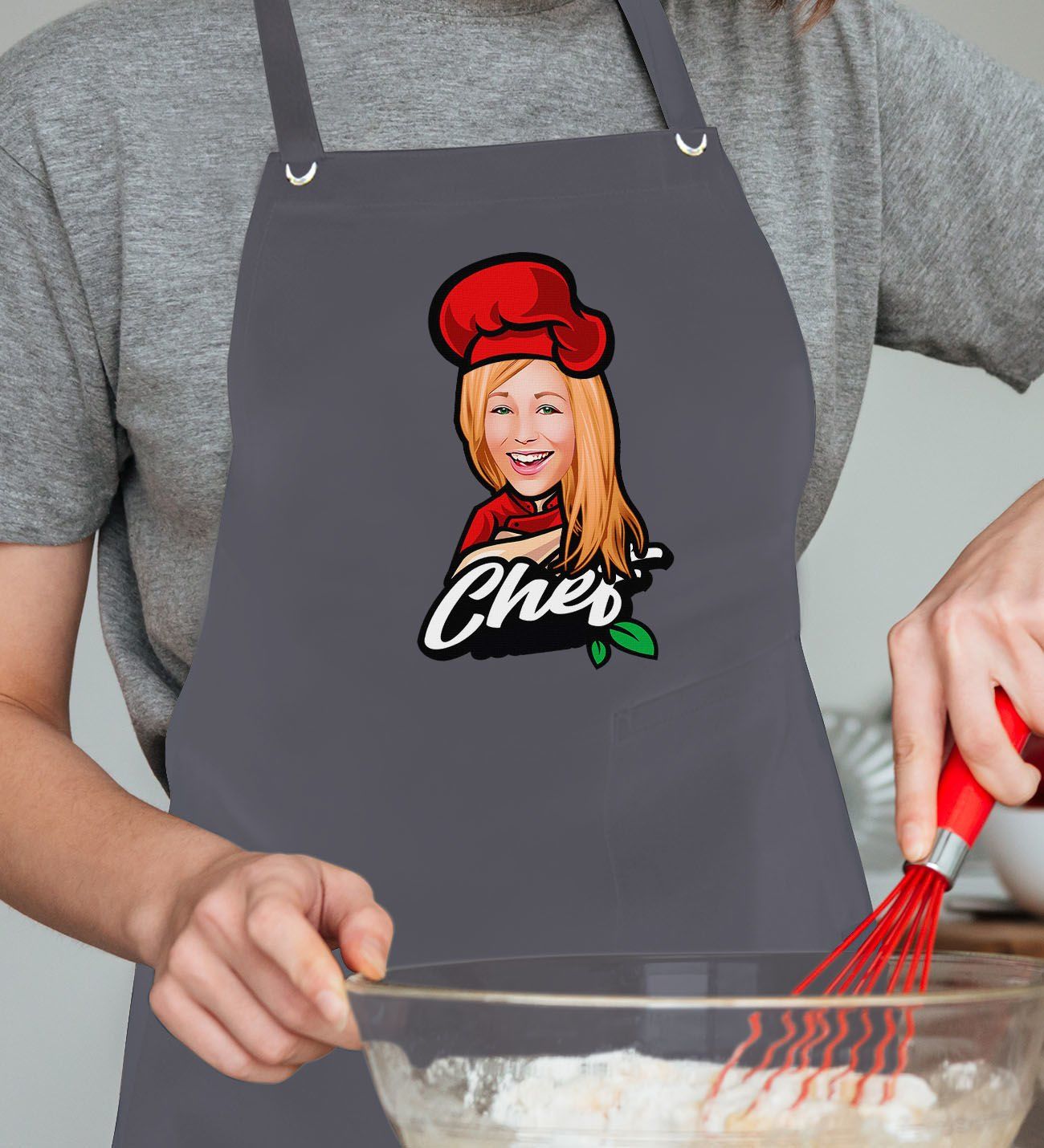 BK Gift Kişiye Özel Kadın Chef Karikatürlü Profesyonel Antrasit Mutfak Önlüğü, Aşçı Önlüğü, Şef Önlüğü, Arkadaşa Hediye-4