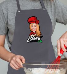 BK Gift Kişiye Özel Kadın Chef Karikatürlü Profesyonel Antrasit Mutfak Önlüğü, Aşçı Önlüğü, Şef Önlüğü, Arkadaşa Hediye-4