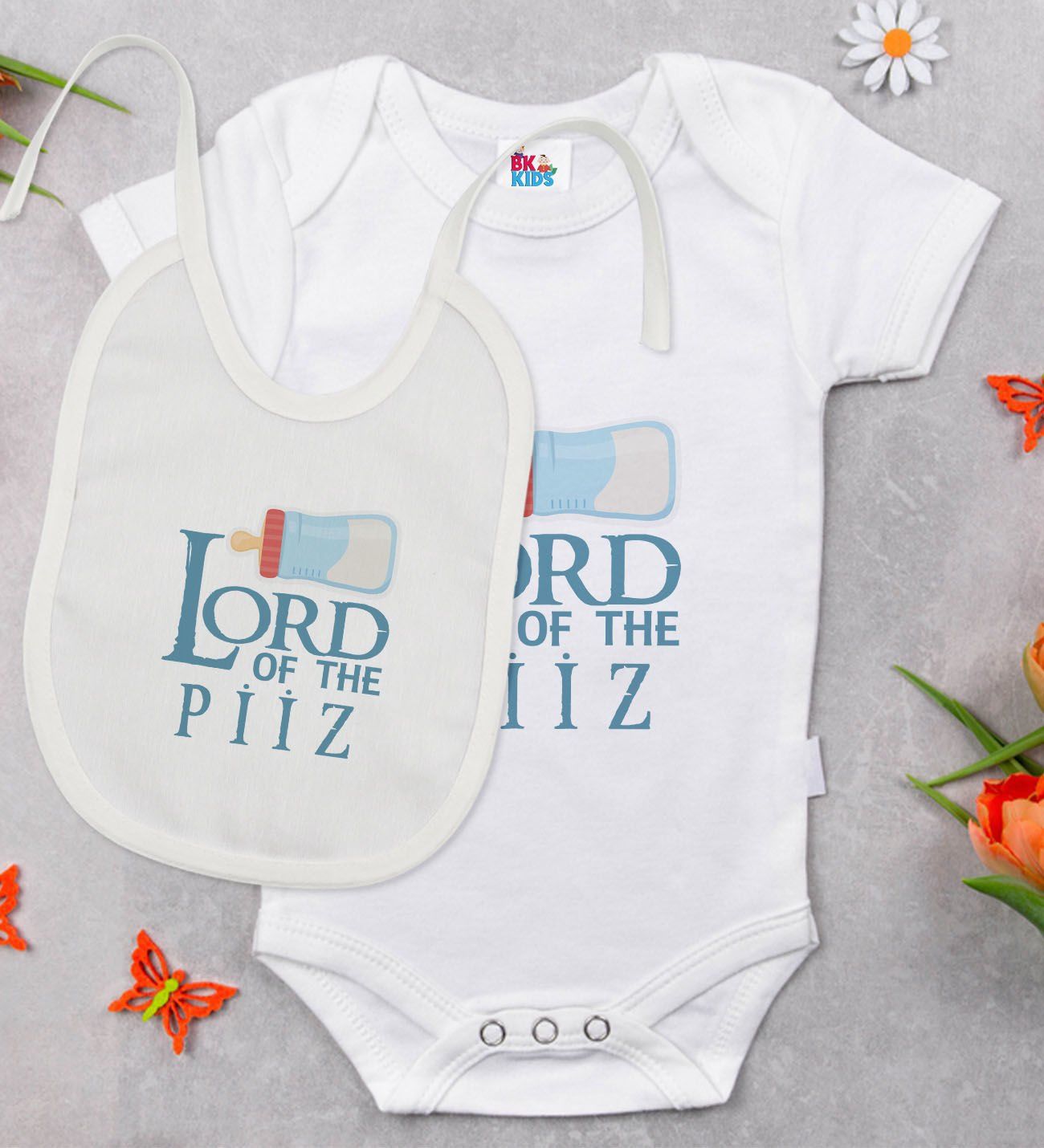 BK Kids Lord Of The Piiz Tasarımlı Beyaz Bebek Body Zıbın ve Mama Önlüğü Hediye Seti-1