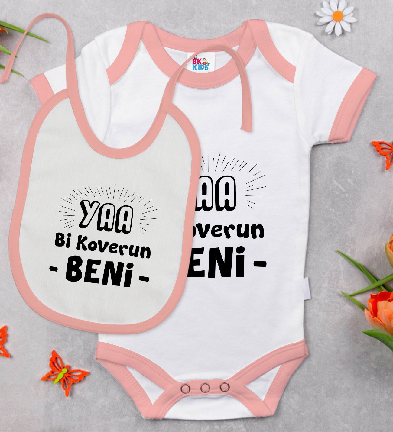 BK Kids Koverun Beni Tasarımlı Pembe Bebek Body Zıbın ve Mama Önlüğü Hediye Seti-1