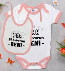 BK Kids Koverun Beni Tasarımlı Pembe Bebek Body Zıbın ve Mama Önlüğü Hediye Seti-1
