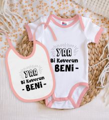 BK Kids Koverun Beni Tasarımlı Pembe Bebek Body Zıbın ve Mama Önlüğü Hediye Seti-1
