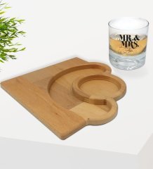 Kişiye Özel Erkek ve Kadın Tasarımlı Viski Bardağı ve Doğal Masif Ahşap Yarım Ay Sunum Tabağı Çerezlik Hediye Seti-1