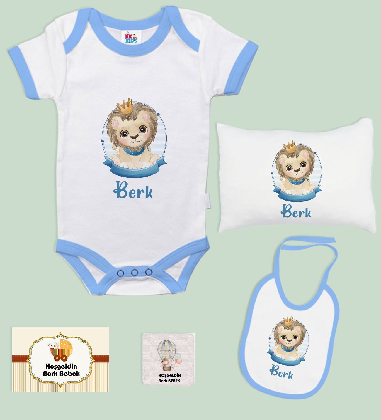BK Kids Kişiye Özel İsimli 5 Parça Mavi Bebek Body Zıbın Yastık Hediye Seti, Yeni Doğan Bebek Giyim Hediyesi-2