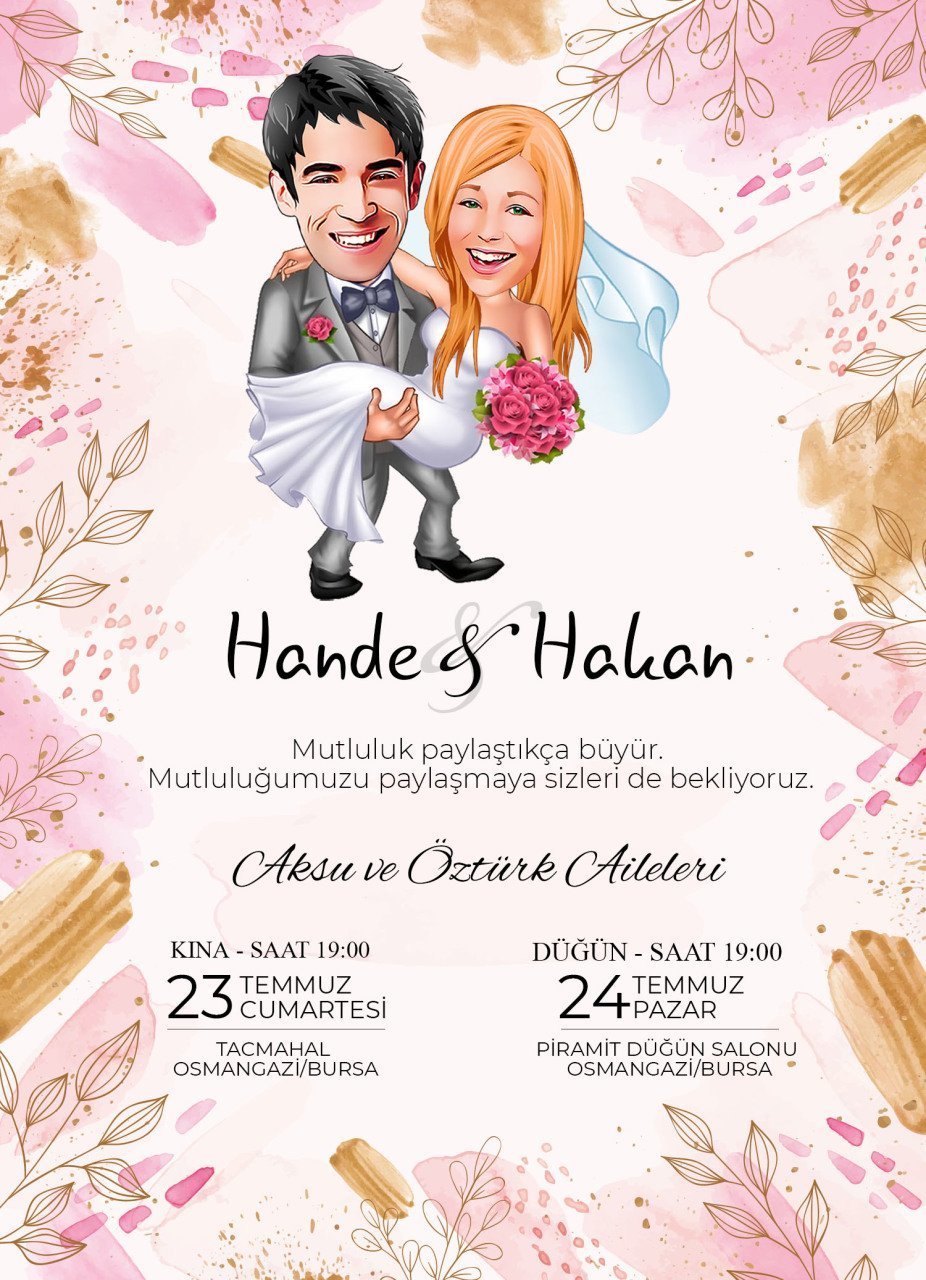 Kişiye Özel Karikatürlü Bitmeyen Düğün Davetiyesi Model 88
