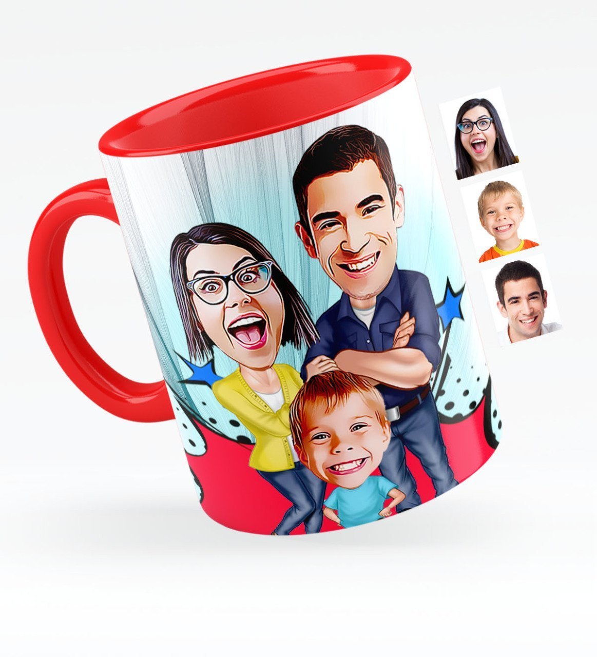 Kişiye Özel Aile Karikatürlü Kırmızı Kupa Bardak - 1