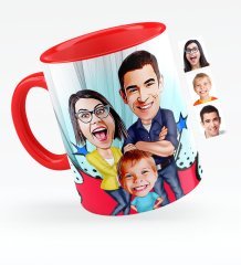 Kişiye Özel Aile Karikatürlü Kırmızı Kupa Bardak - 1