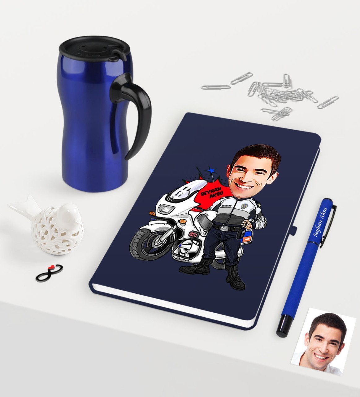 Kişiye Özel Bay Yunus Polis Karikatürlü Lacivert Defter Kalem Termos Mug Seti