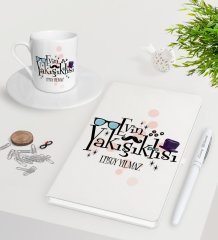 Kişiye Özel Evin Yakışıklısı Beyaz Defter Kalem Türk Kahvesi Fincanı Seti-3