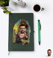 Kişiye Özel Viking Karikatürlü Yeşil Termo Deri Defter Kalem Seti Model 1
