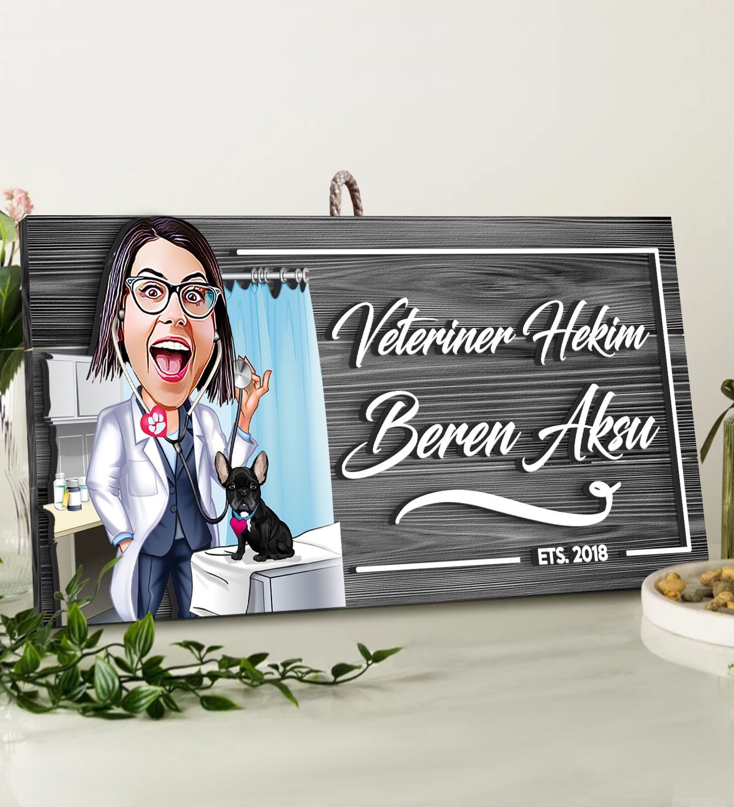 BK Gift Kişiye Özel Veteriner Karikatürlü Gri Dekoratif Ahşap Tabela-2