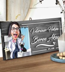 BK Gift Kişiye Özel Veteriner Karikatürlü Gri Dekoratif Ahşap Tabela-2