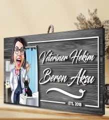 BK Gift Kişiye Özel Veteriner Karikatürlü Gri Dekoratif Ahşap Tabela-2